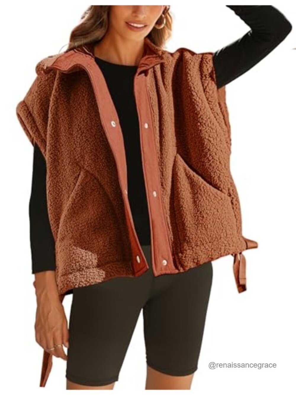 Womens Oversized Sherpa Fleece Vest Button Front Sleeveless Warm